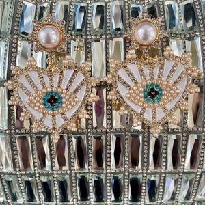 Evil Eye Earrings NEW – White Pearls, Blue Rhinestone Gold Hardware Sparkles